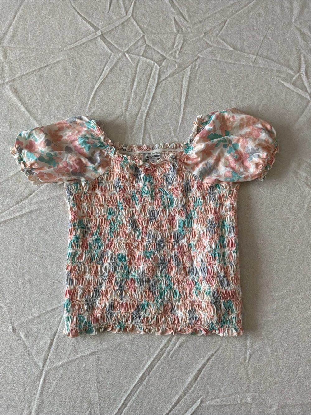 ******* Nordstrom Floral Smocked Puff-Sleeve Top in Pink & Teal b7 *******